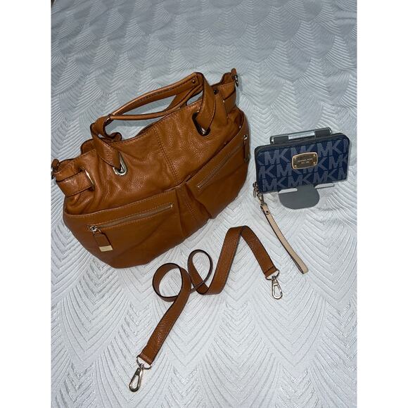 Michael Kors Tan Leather Crossbody & Blue Wristlet Wallet – Excellent Set - Picture 1 of 13